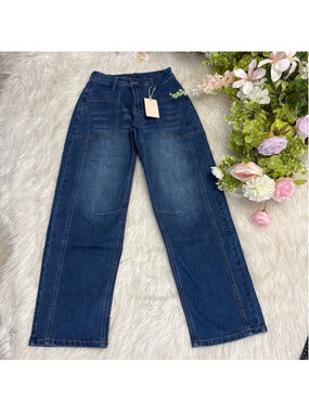 Flamingals High Waist Wide Leg Mid Blue Stretchy Women Jeans Size M 32x30